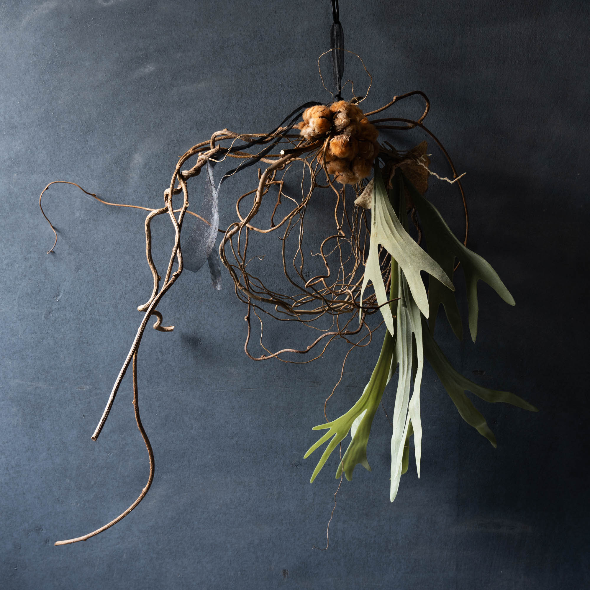 コットンフラワーのリース《ビカクシダ/フェイクグリーンの2種類からお選びいただけます》