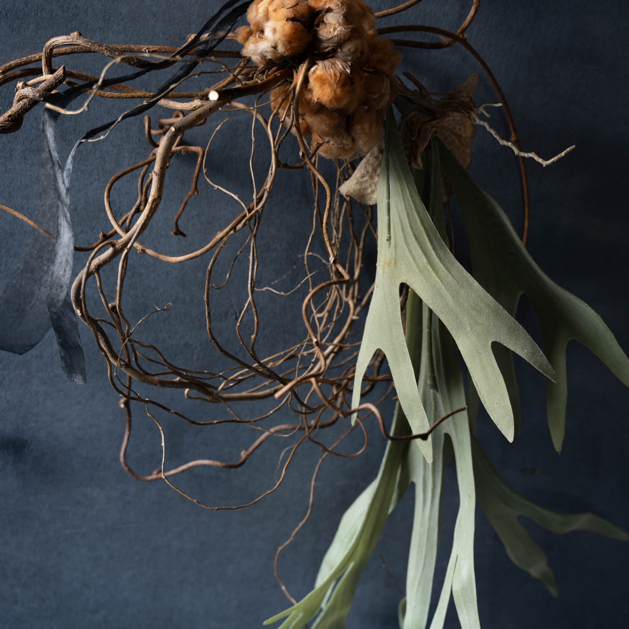 コットンフラワーのリース《ビカクシダ/フェイクグリーンの2種類からお選びいただけます》