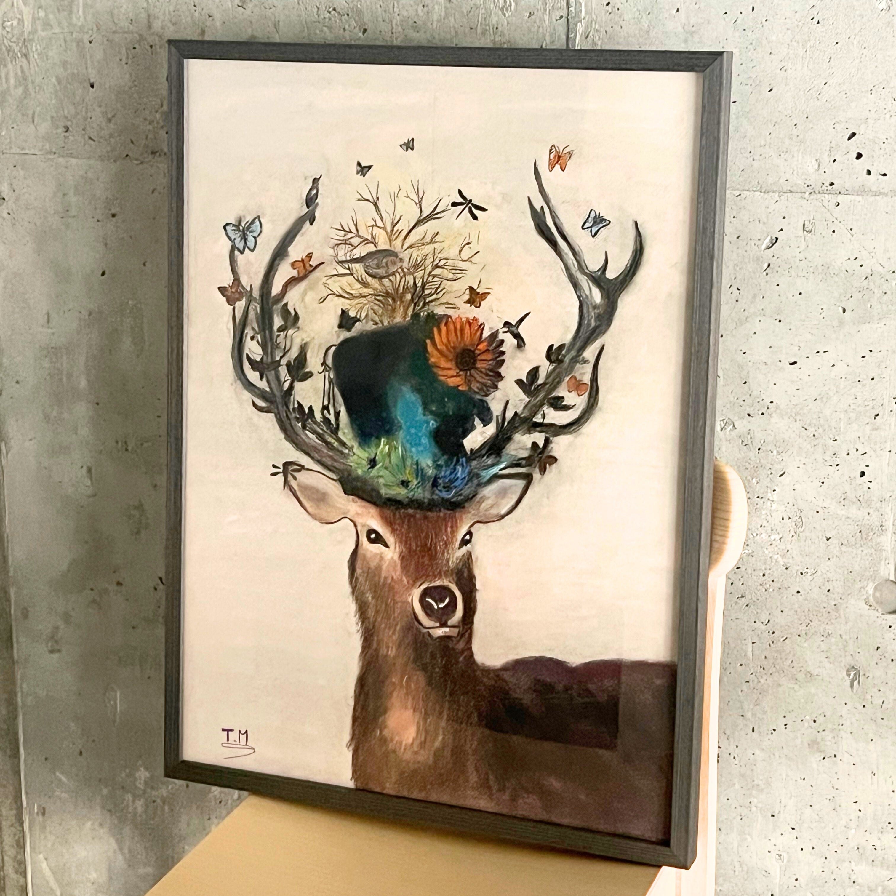 自然と調和する鹿の絵画〈一点物〉