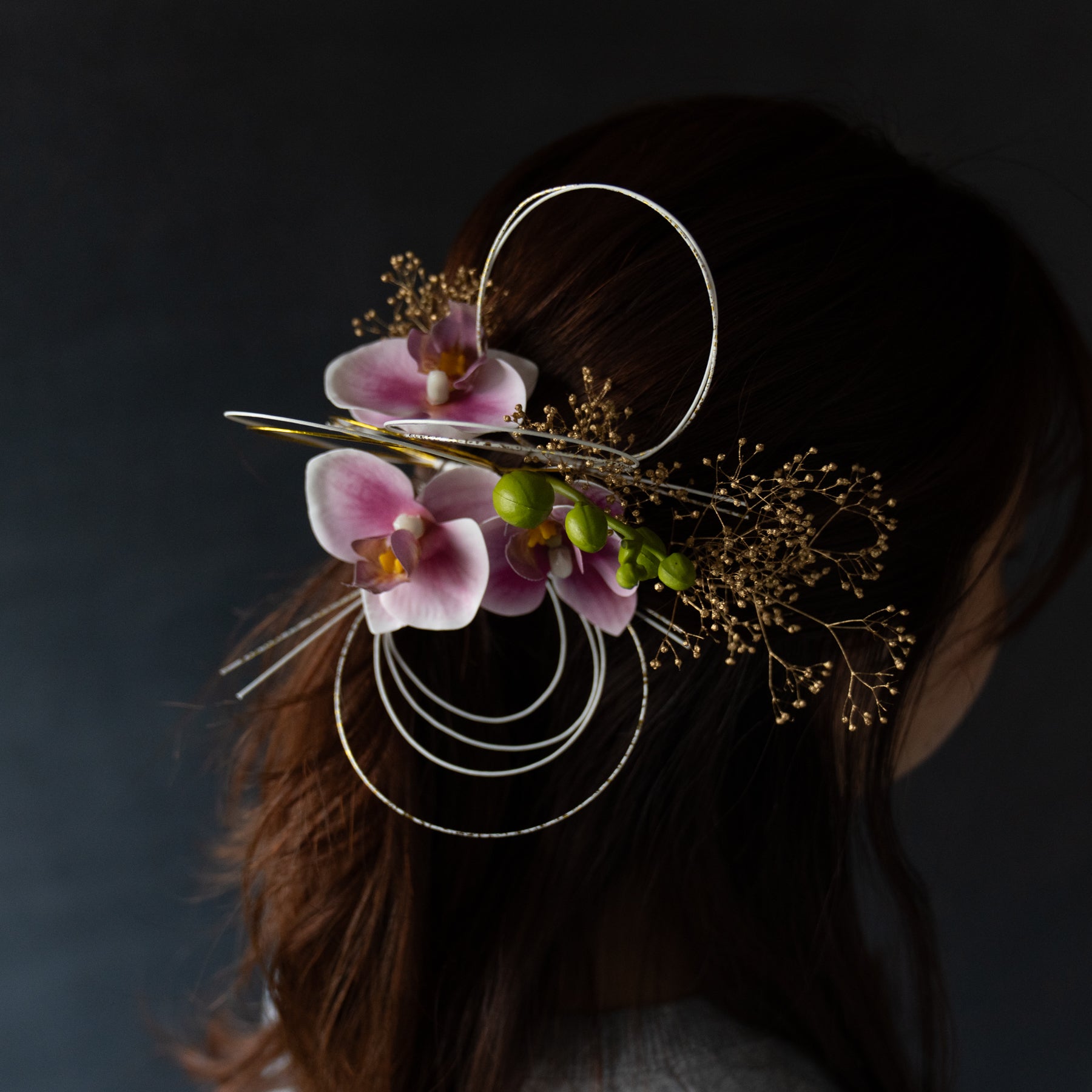 《成人式や前撮りにもおすすめ》胡蝶蘭×水引×グリーンのヘッドフラワー