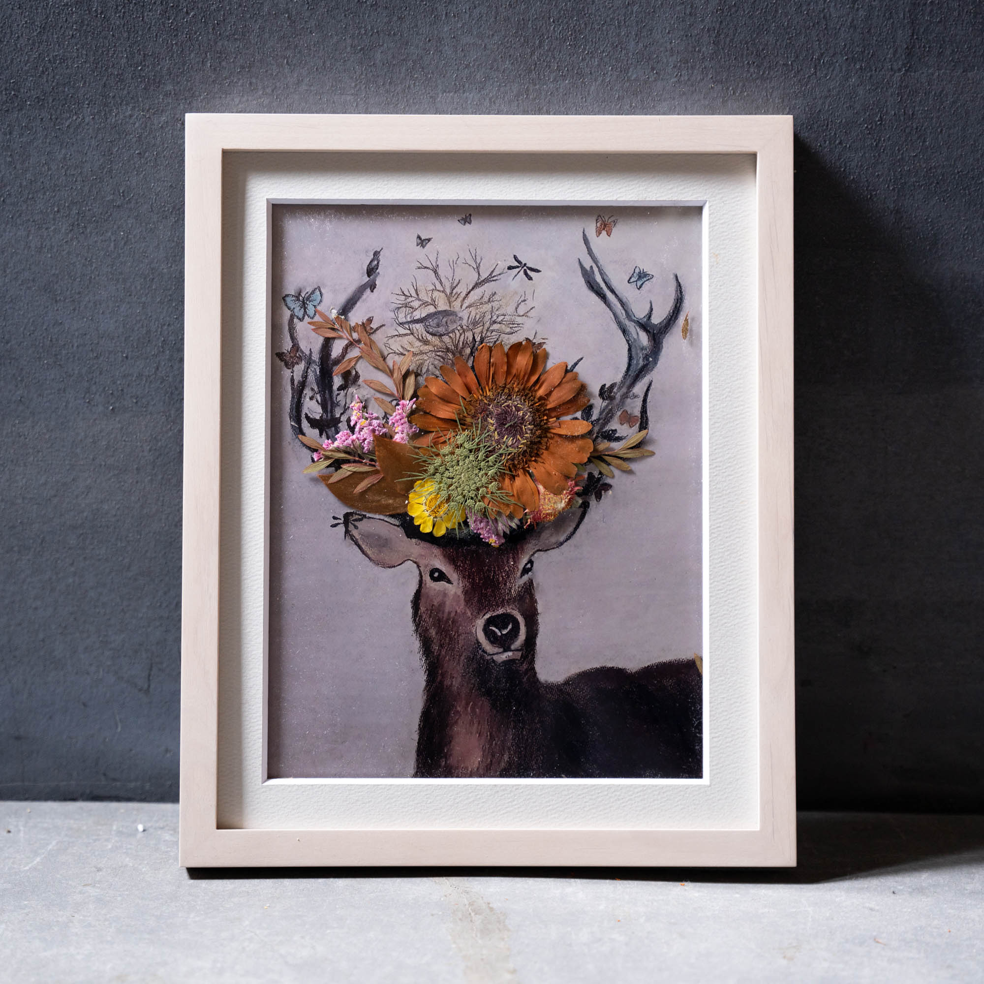 鹿と押し花のアート F〈一点物〉